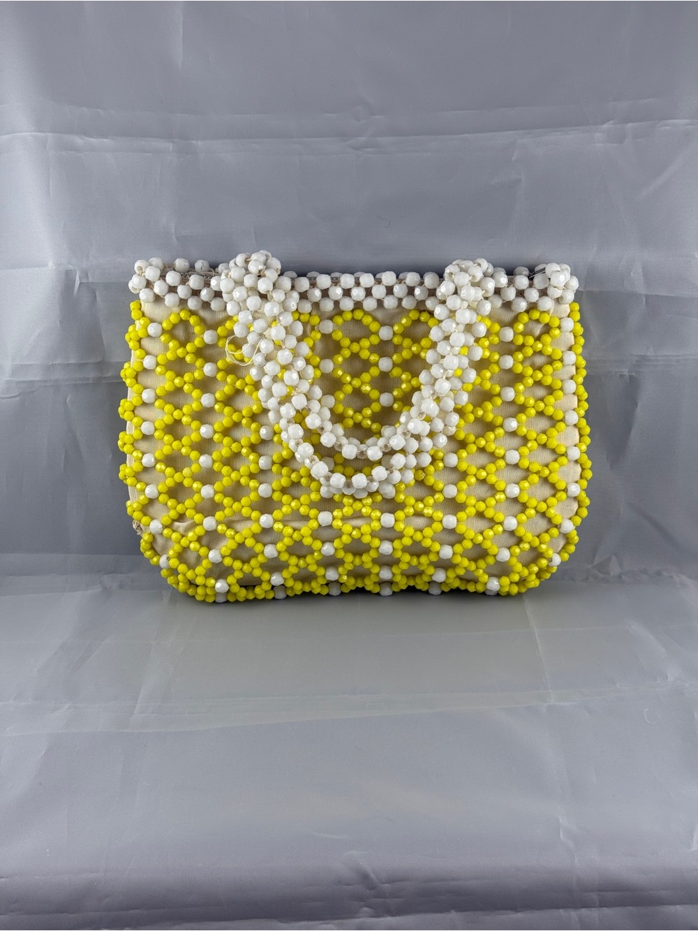 Handmade Yellow & White Beaded Clutch with Beaded Wristlet Strap